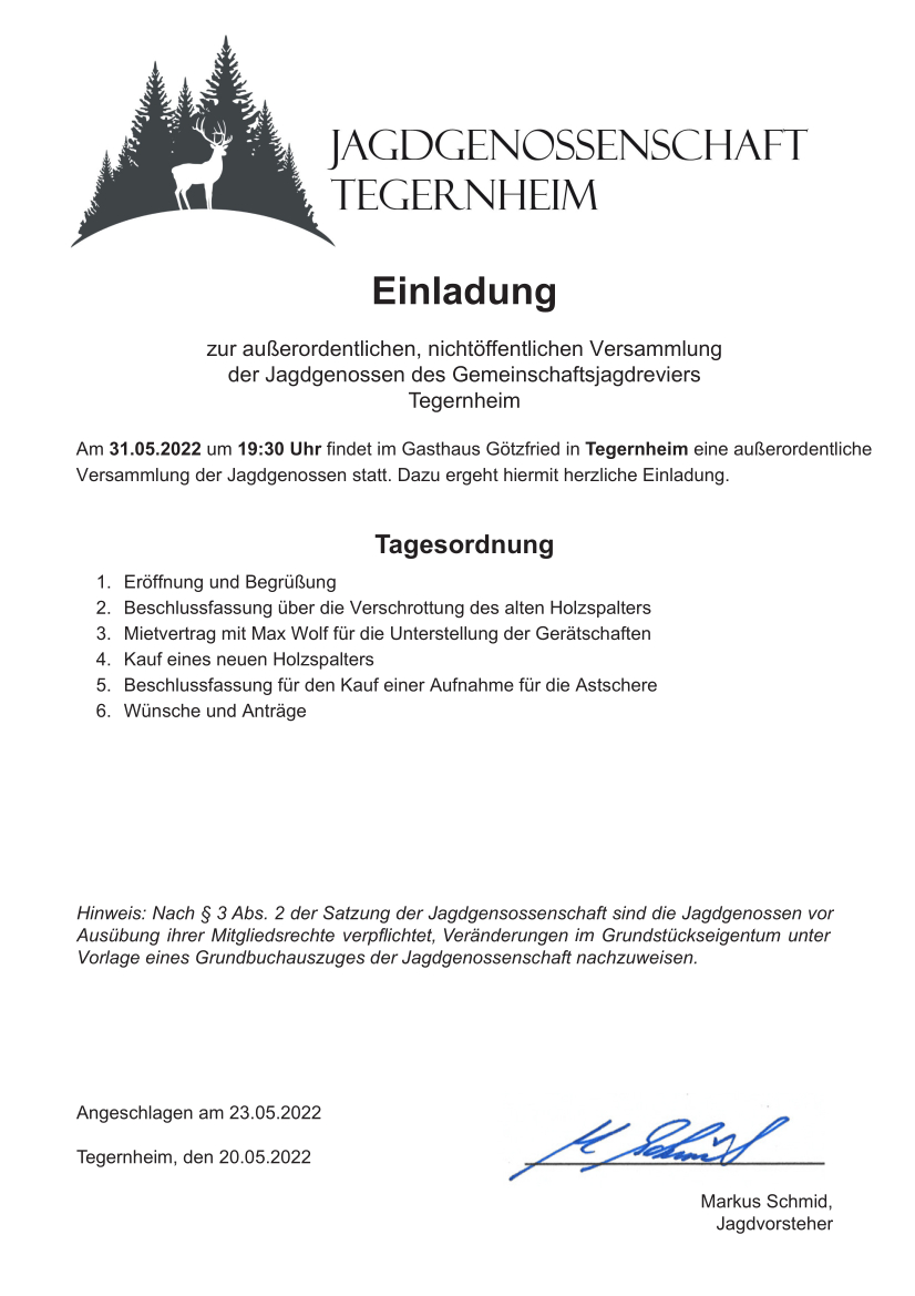 Einladung Jagdgenossenschaft Tegernheim